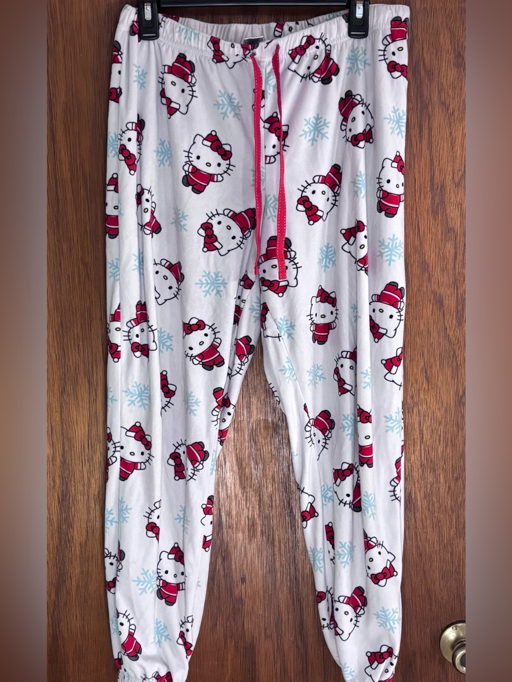Hello Kitty White & Red Kids Pajama Bottoms with Blue Snowflakes